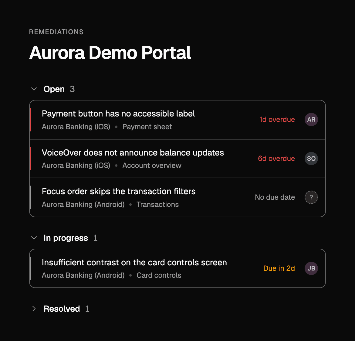 Auditsu remediation view showing accessibility tickets for a mobile app, grouped by Open, In progress and Resolved, with severity rails, due dates and assignees.