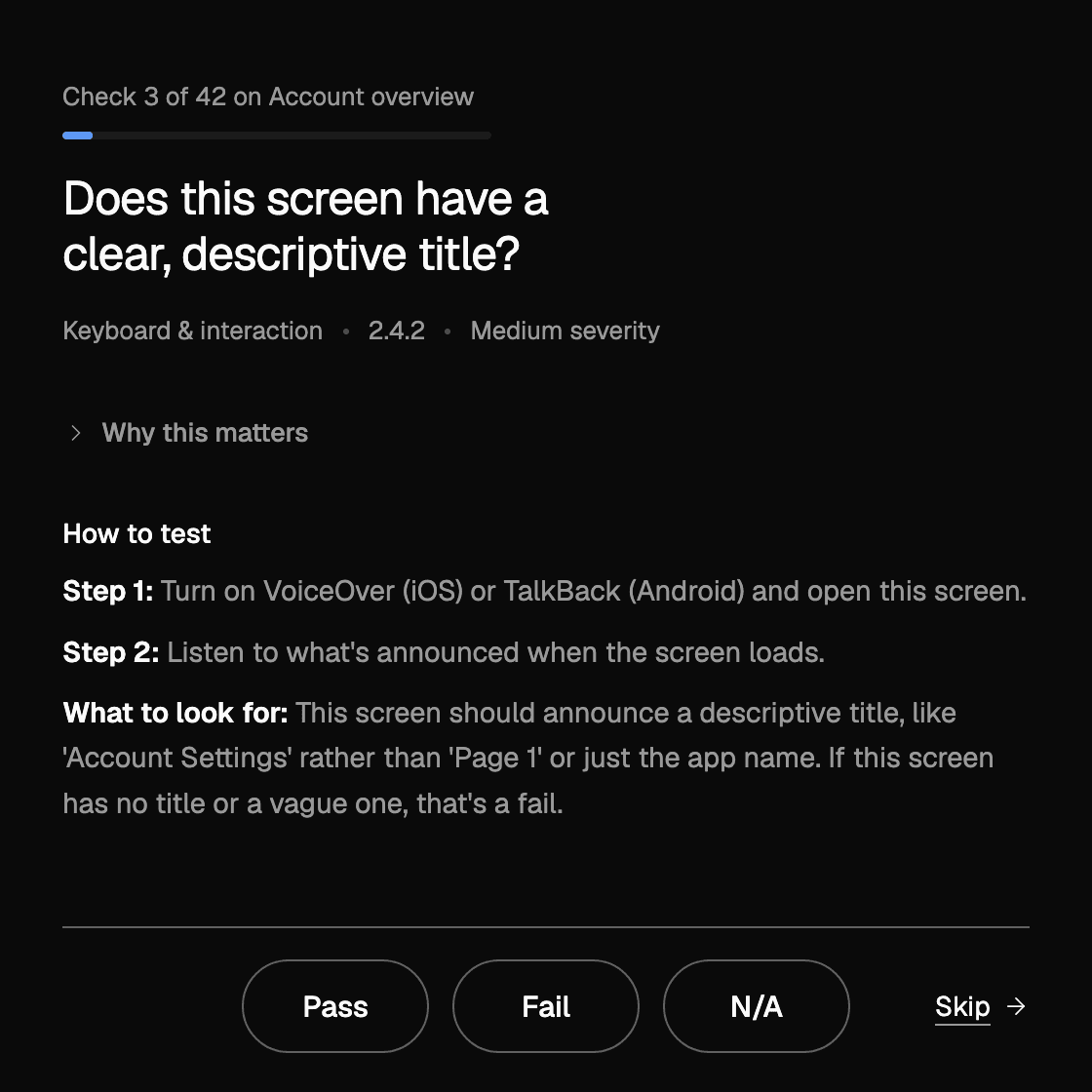 A single accessibility check in Auditsu: the question 'Does this screen have a clear, descriptive title?', tagged 2.4.2 and Medium severity, with two testing steps and Pass, Fail and N/A buttons.