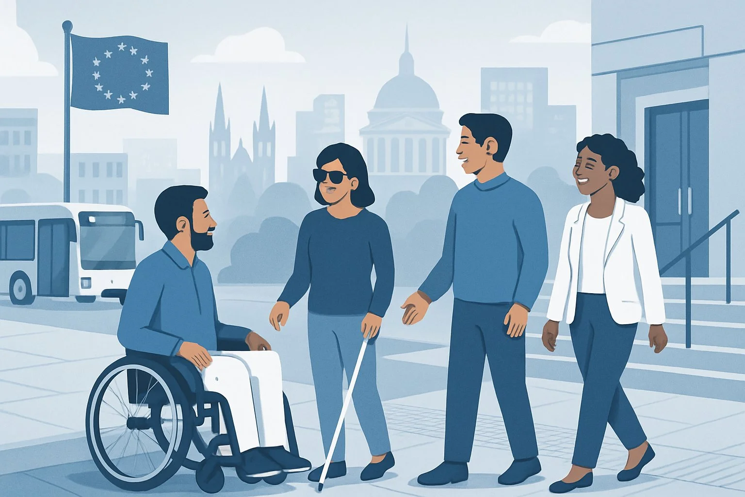 A diverse group of people with disabilities using accessible facilities in a European city with landmarks and the European Union flag in the background.