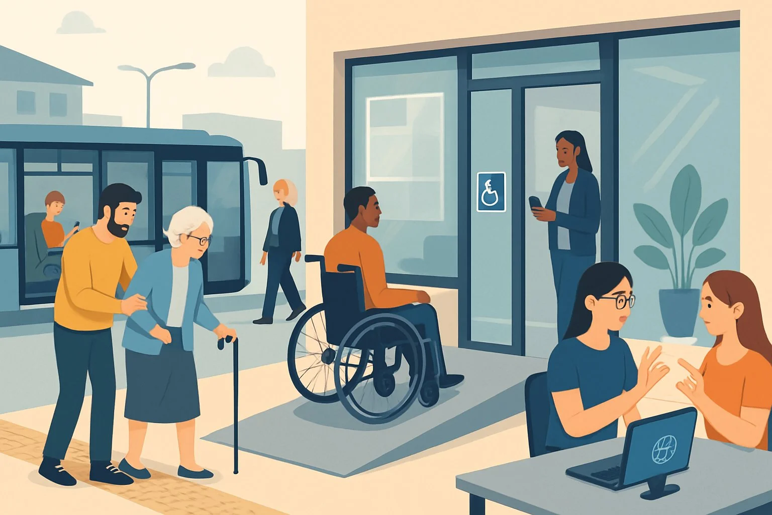 A diverse group of people with and without disabilities interacting in accessible public and digital environments, including transportation, technology, and buildings.