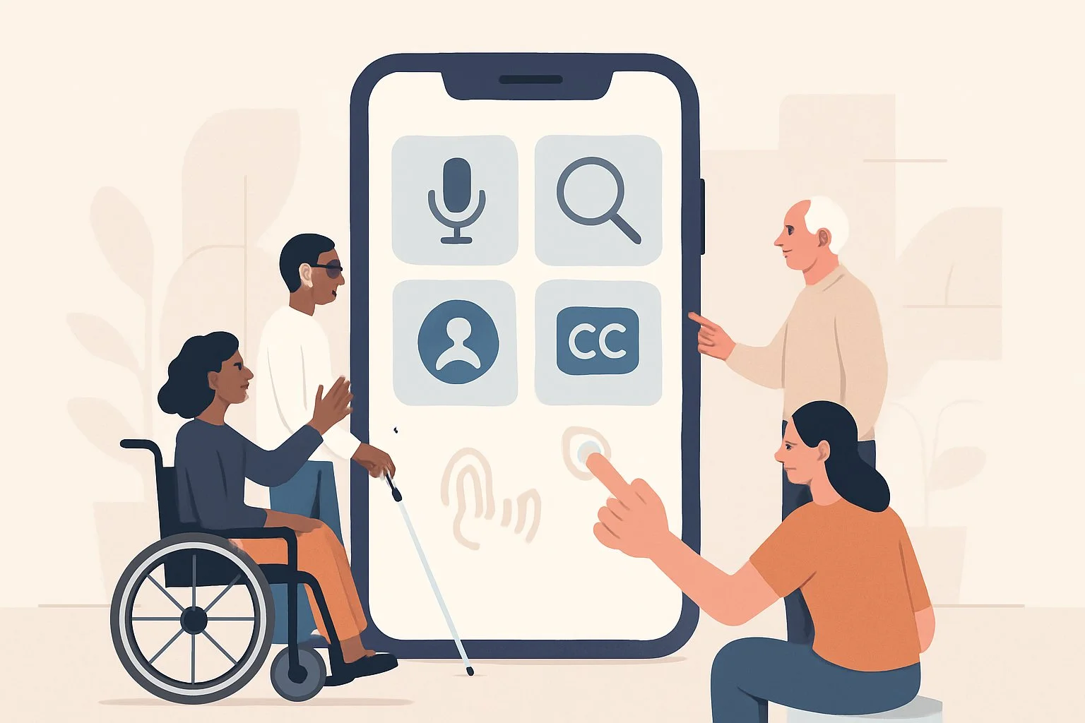 A group of diverse people using a large smartphone with various accessibility features, including voice commands, screen magnification, and adaptive controls.