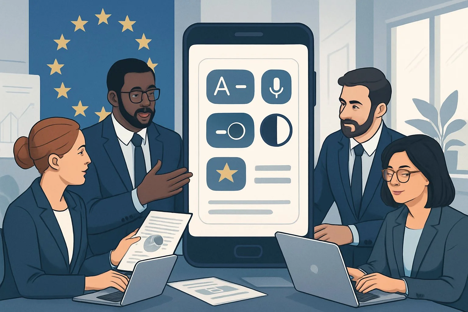 A group of business professionals working together around a large tablet showing a mobile app with accessibility features, with EU symbols in the background.